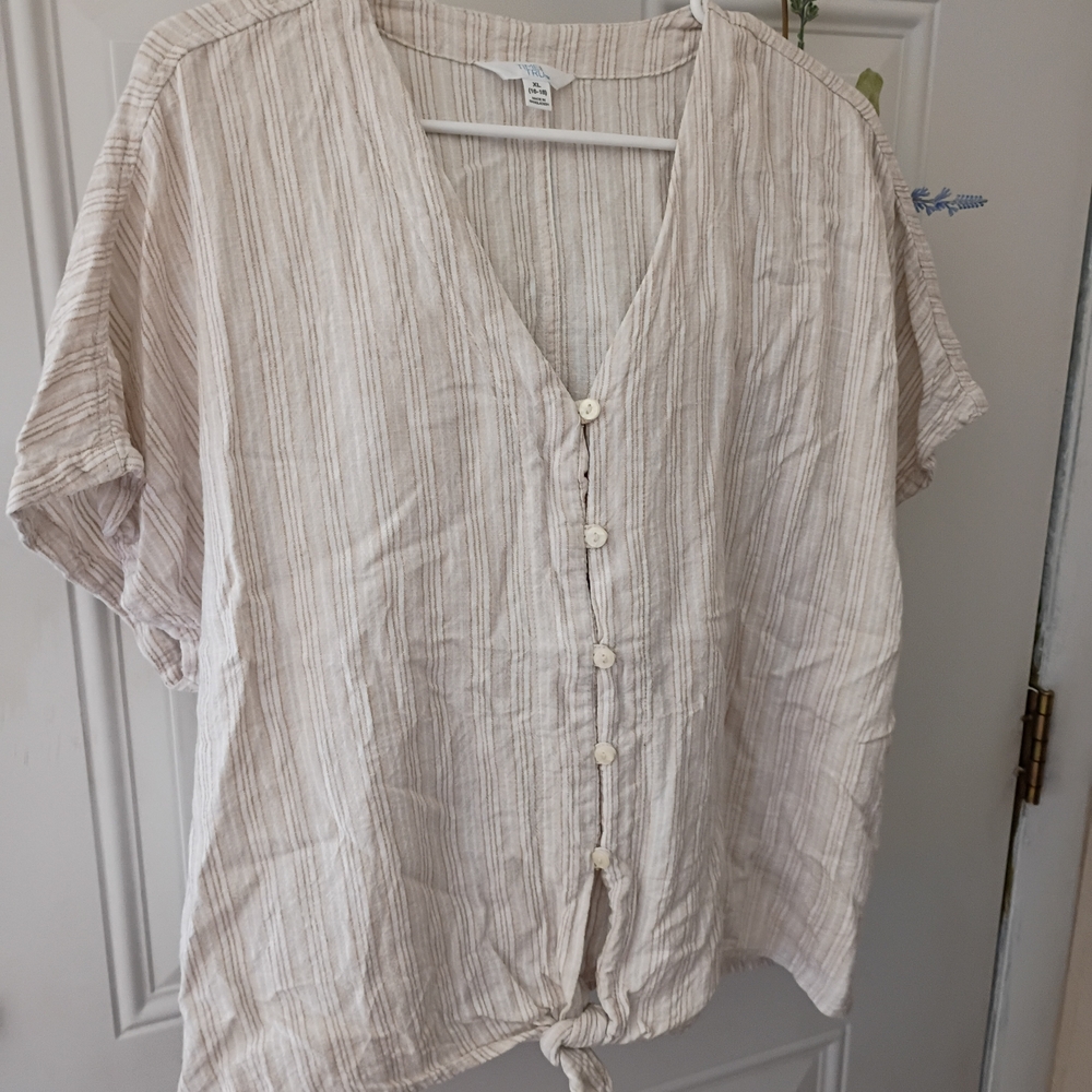 Time and Tru Beige Striped Button-Down Shirt